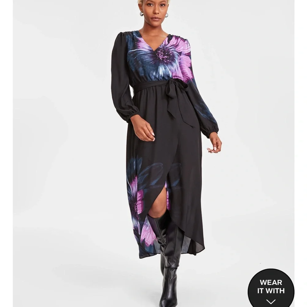 INC tie waist faux wrap dress - Picture 2 of 7